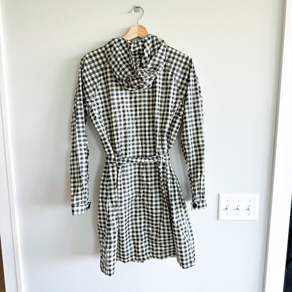 Columbia Plaid Belted Hoodie Waterproof Trench Raincoat Black Ivory M - Picture 2 of 12